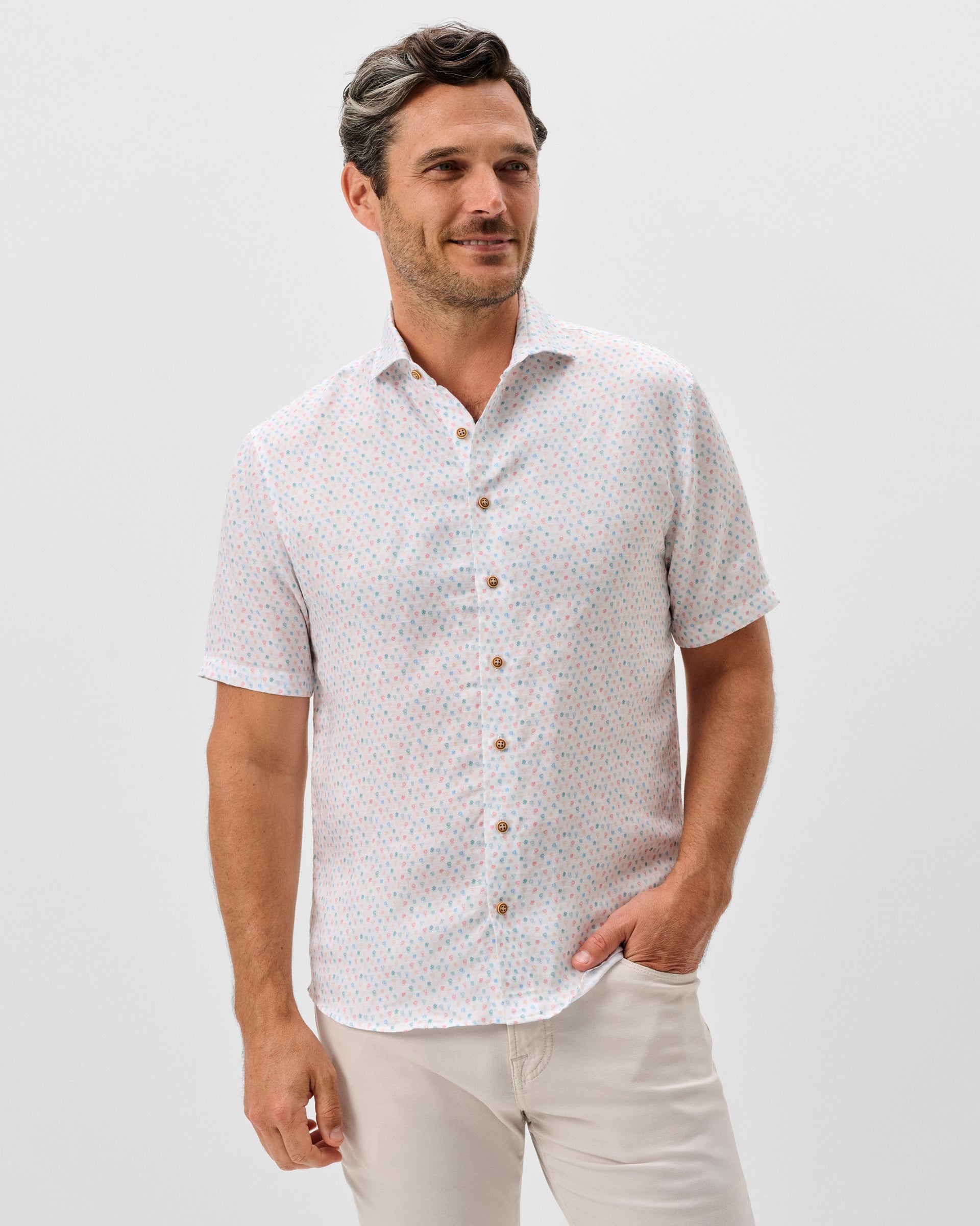 Johnnie-O Linen Blend Short Sleeve Button Down Shirt - Cash Bar Print, White