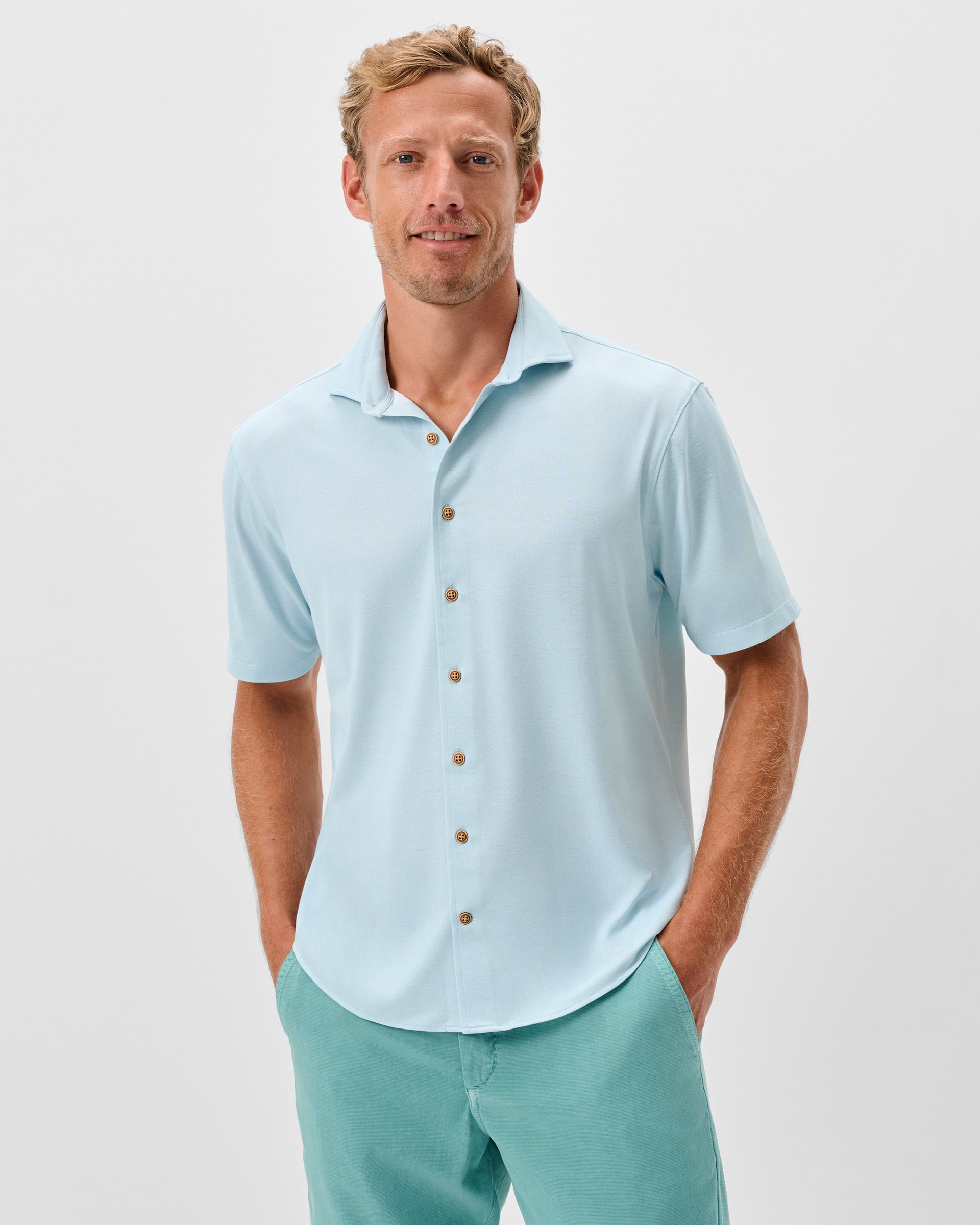 Johnnie-O Printed Mesh Short Sleeve Button Up Shirt - Breck Printed Solid Knit, Sardinia