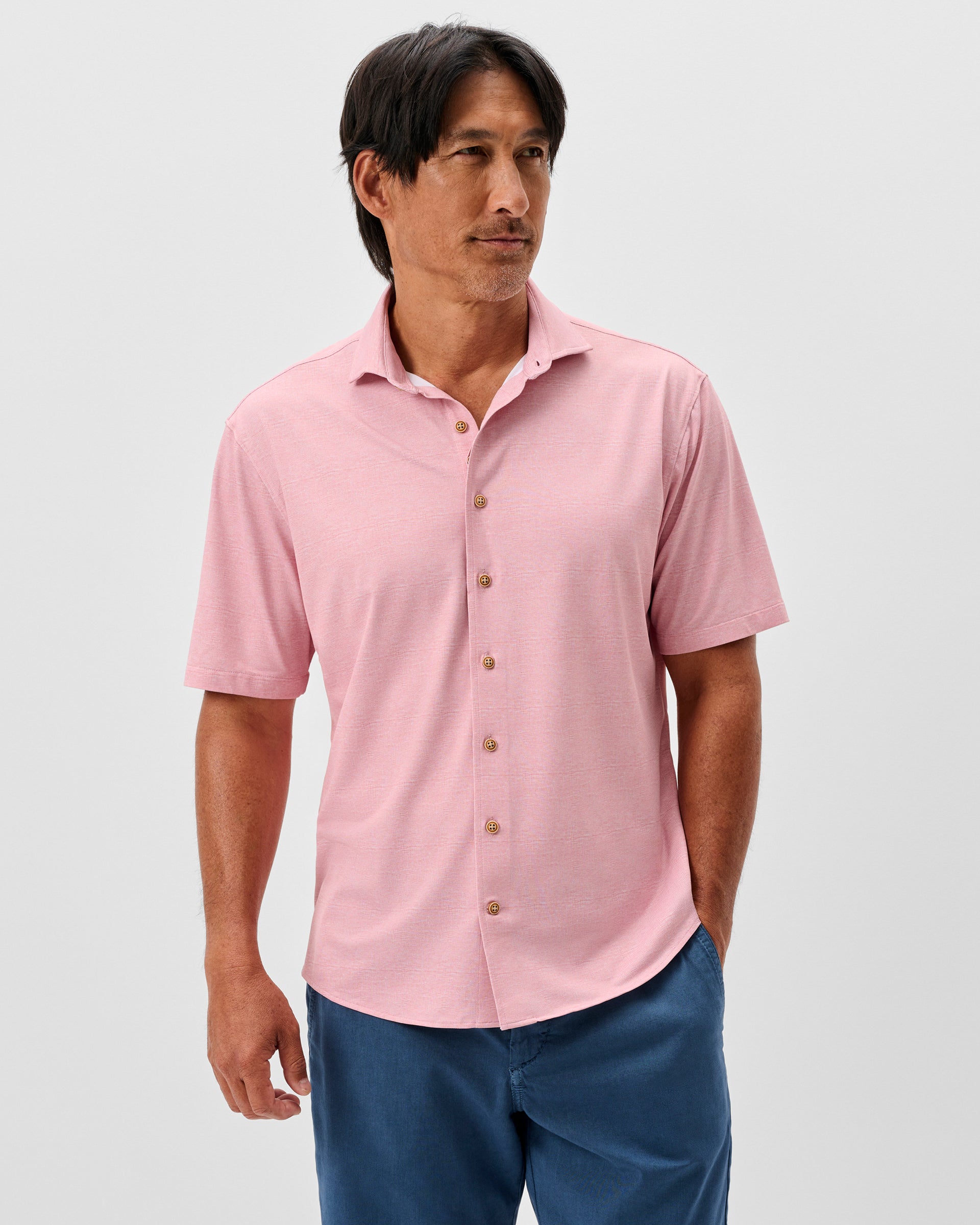 Johnnie-O Printed Mesh Short Sleeve Button Up Shirt - Breck Printed Solid Knit, Snapper