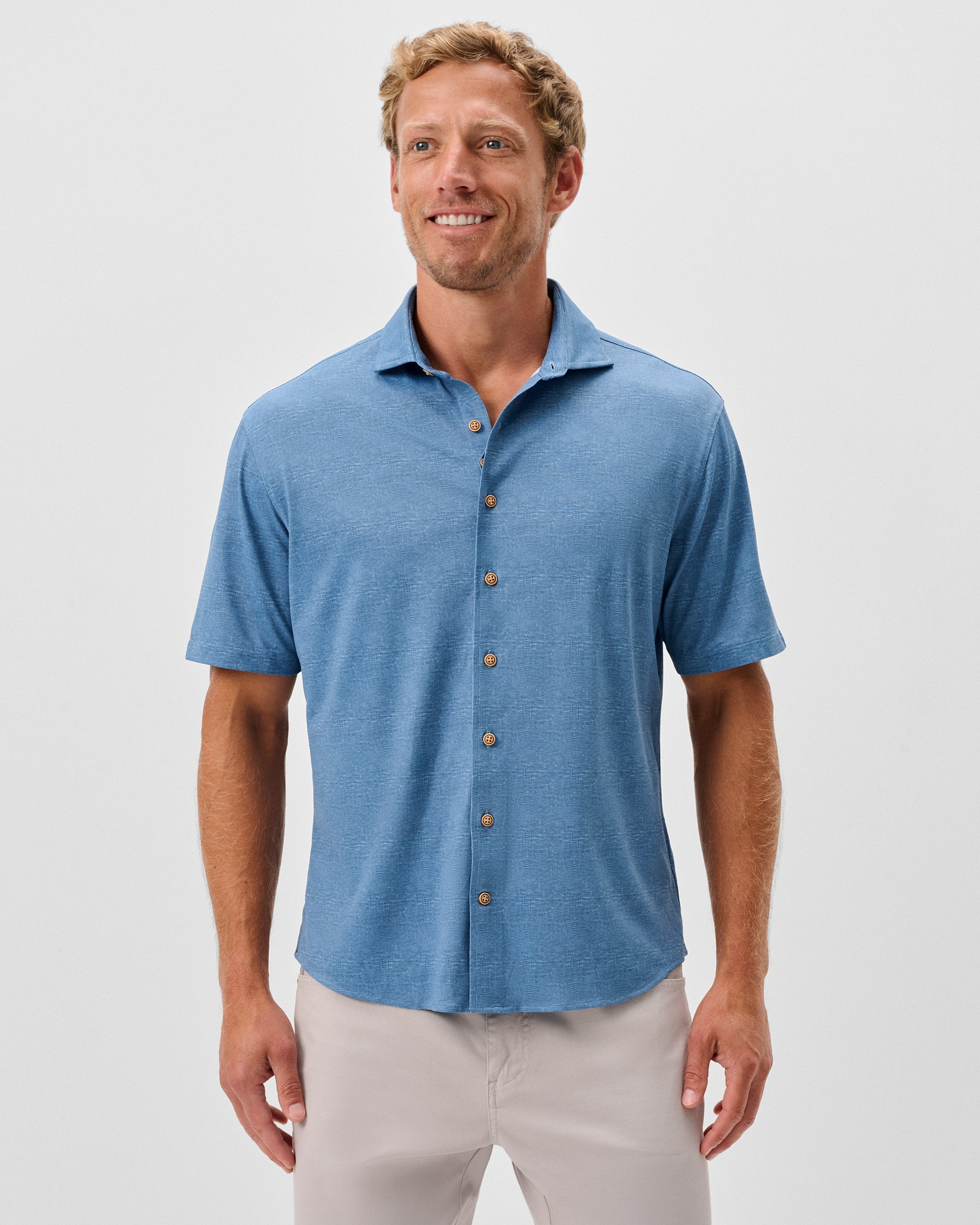 Johnnie-O Printed Mesh Short Sleeve Button Up Shirt - Breck Printed Solid Knit, Sound Side