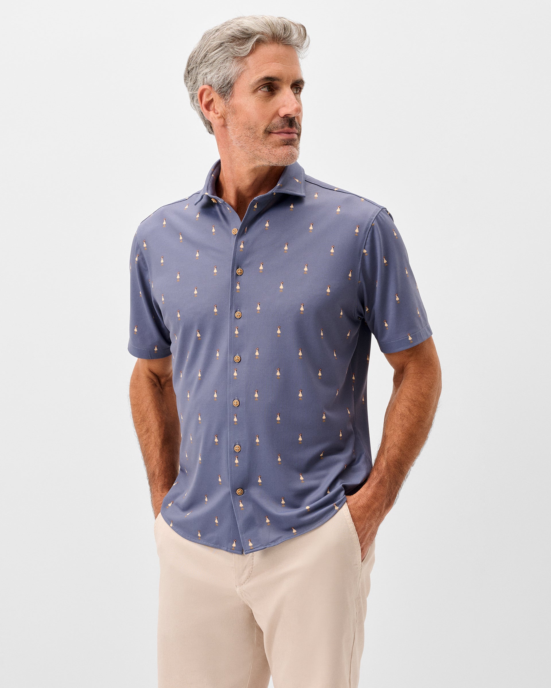 Johnnie-O Printed Mesh Short Sleeve Button Down Shirt - Hula Dance Print, Navy