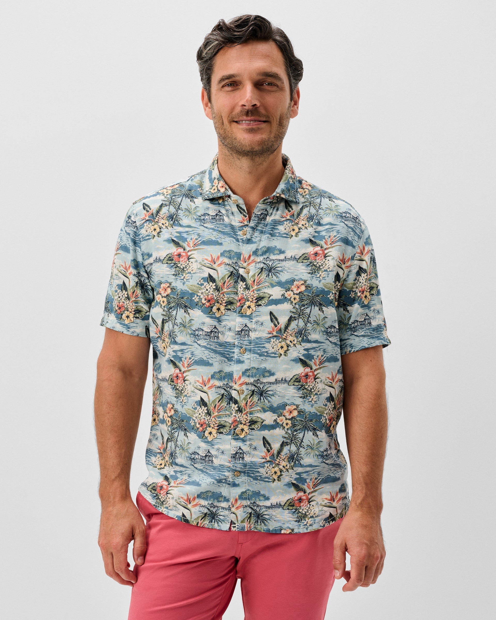 Johnnie-O "Surf Flannel" Short Sleeve Button Down Shirt - Almanzo Printed Double Face, Laguna Blue