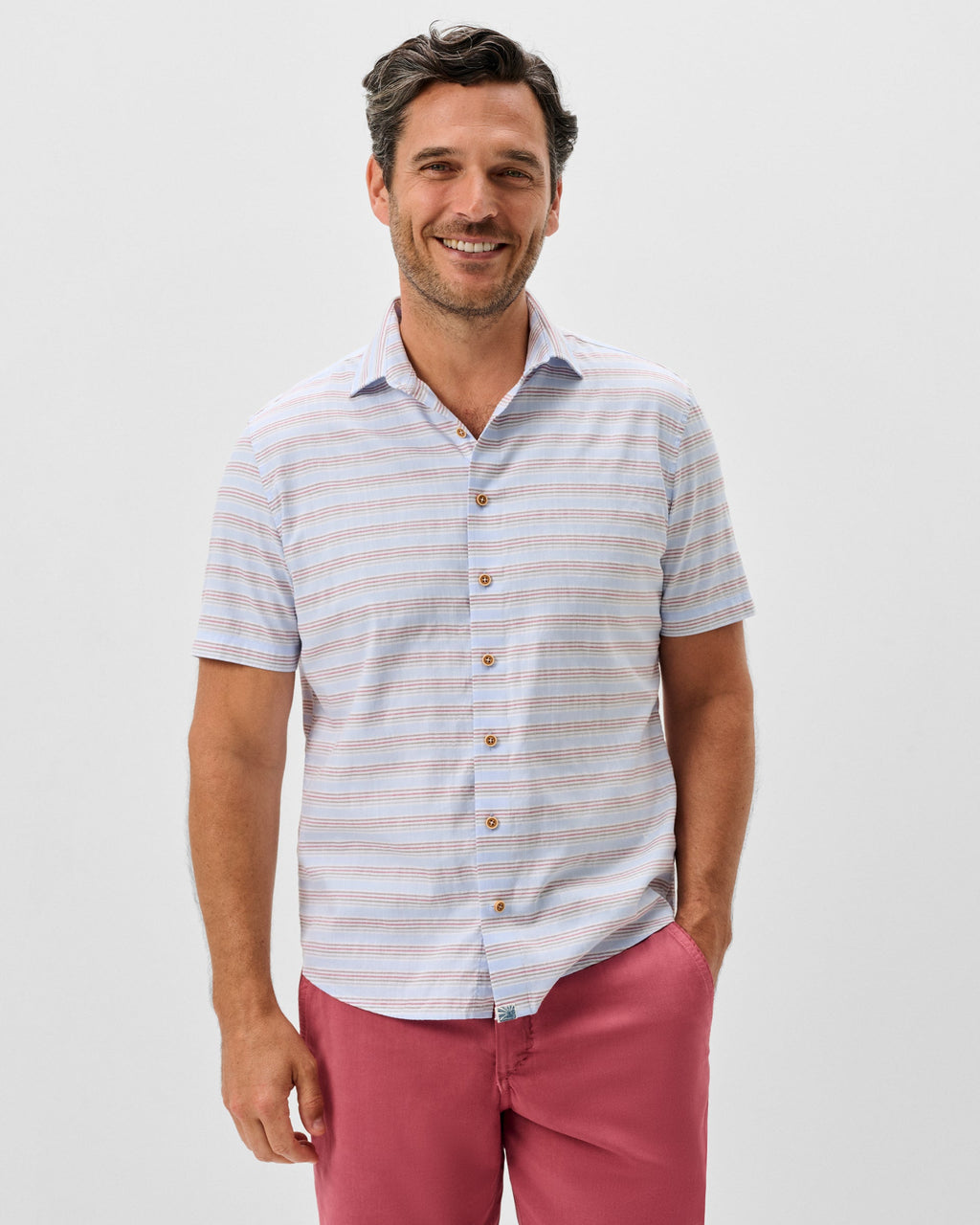 Johnnie-O Cotton Blend Short Sleeve Button Down Shirt - Leander Printed Slub Cotton