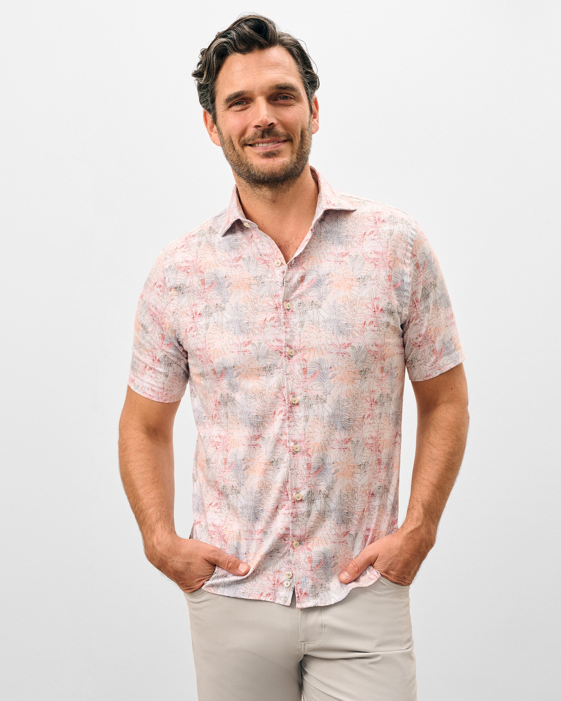 Johnnie-O Tencel Blend Short Sleeve Button Down Shirt - Guffey Printed, Khaki
