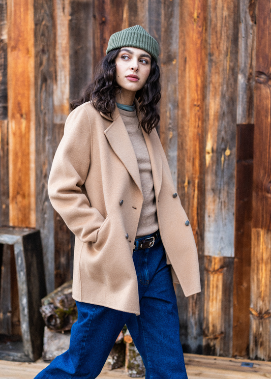 ST ELINA - Double-Breasted Soft Wool Peacoat (DARK BEIGE)