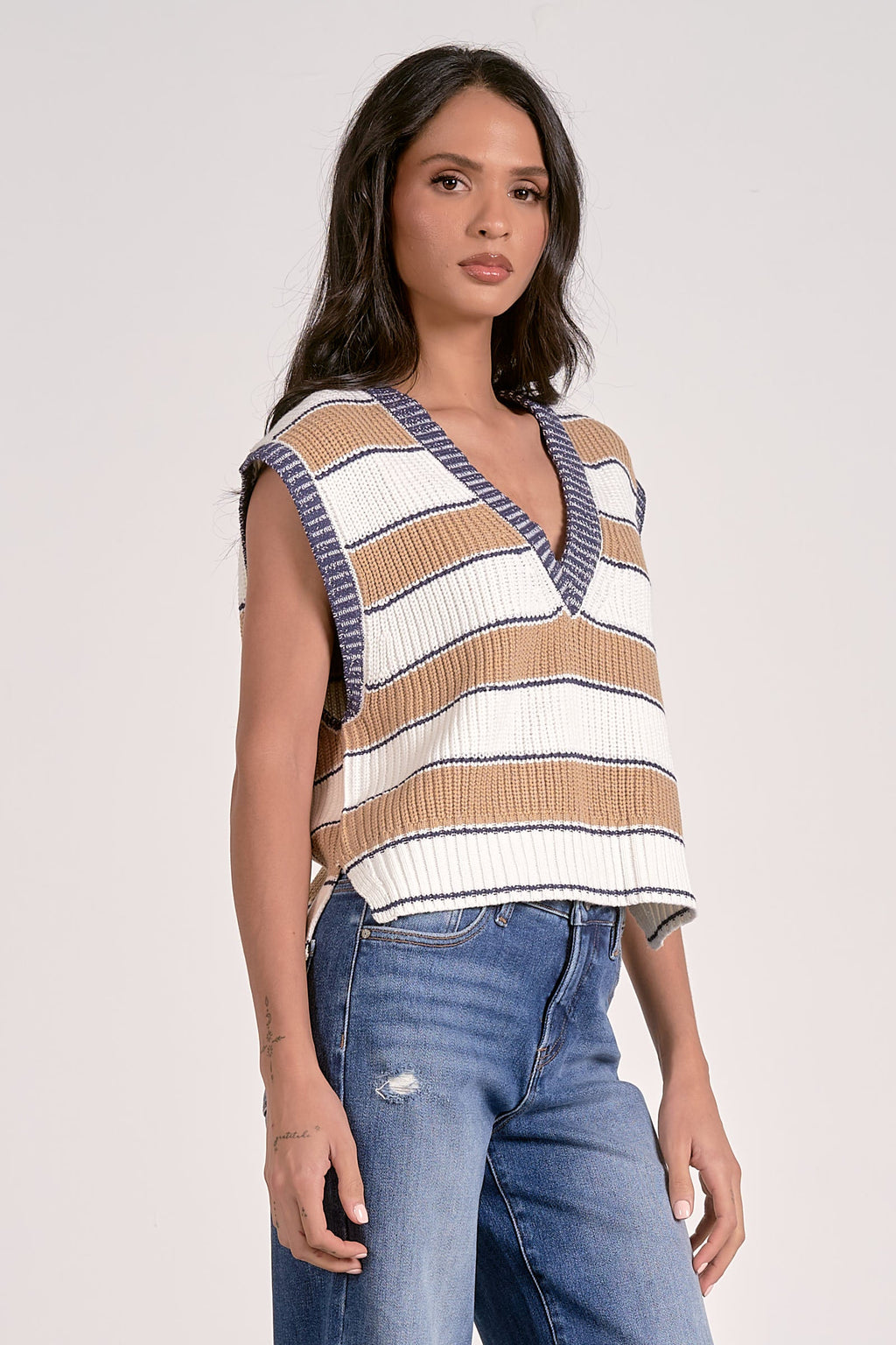 Slate Sleeveless Sweater Camel Stripe