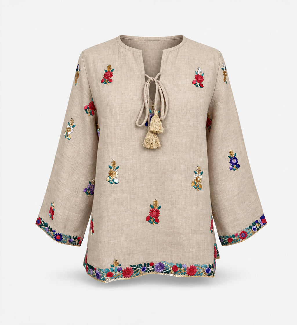 Calypso St Barth Seena Linen Hand Embroidered Top