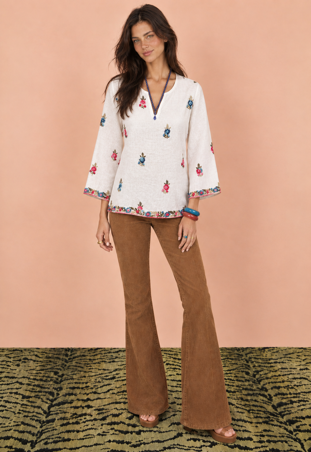 Calypso St Barth Sara Linen Hand Embroidered Top