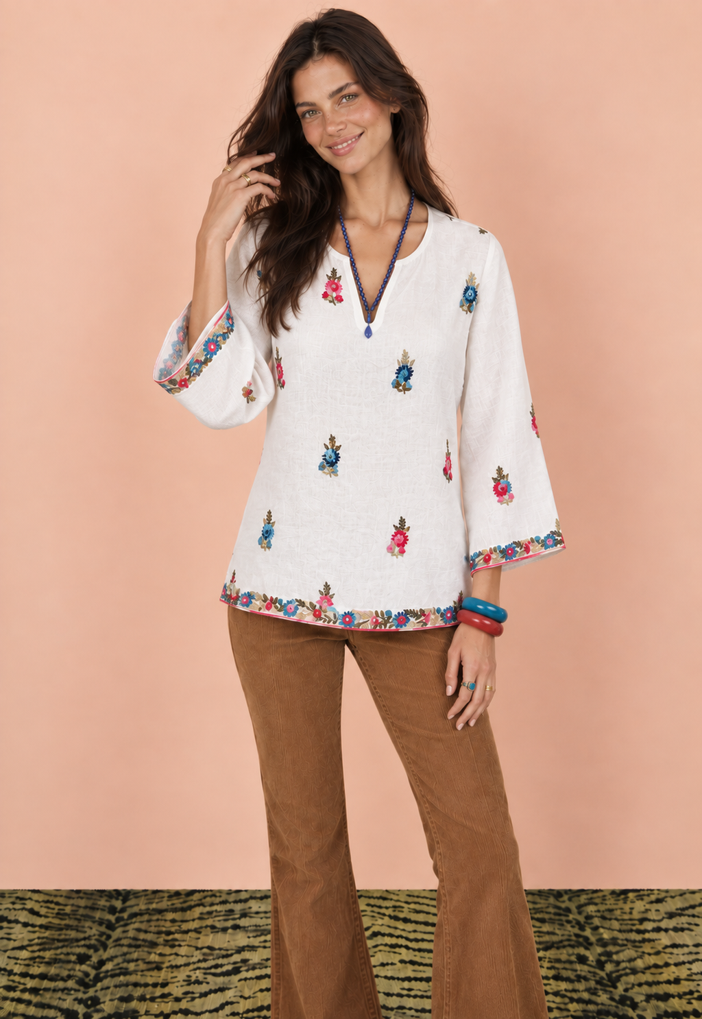 Calypso St Barth Sara Linen Hand Embroidered Top