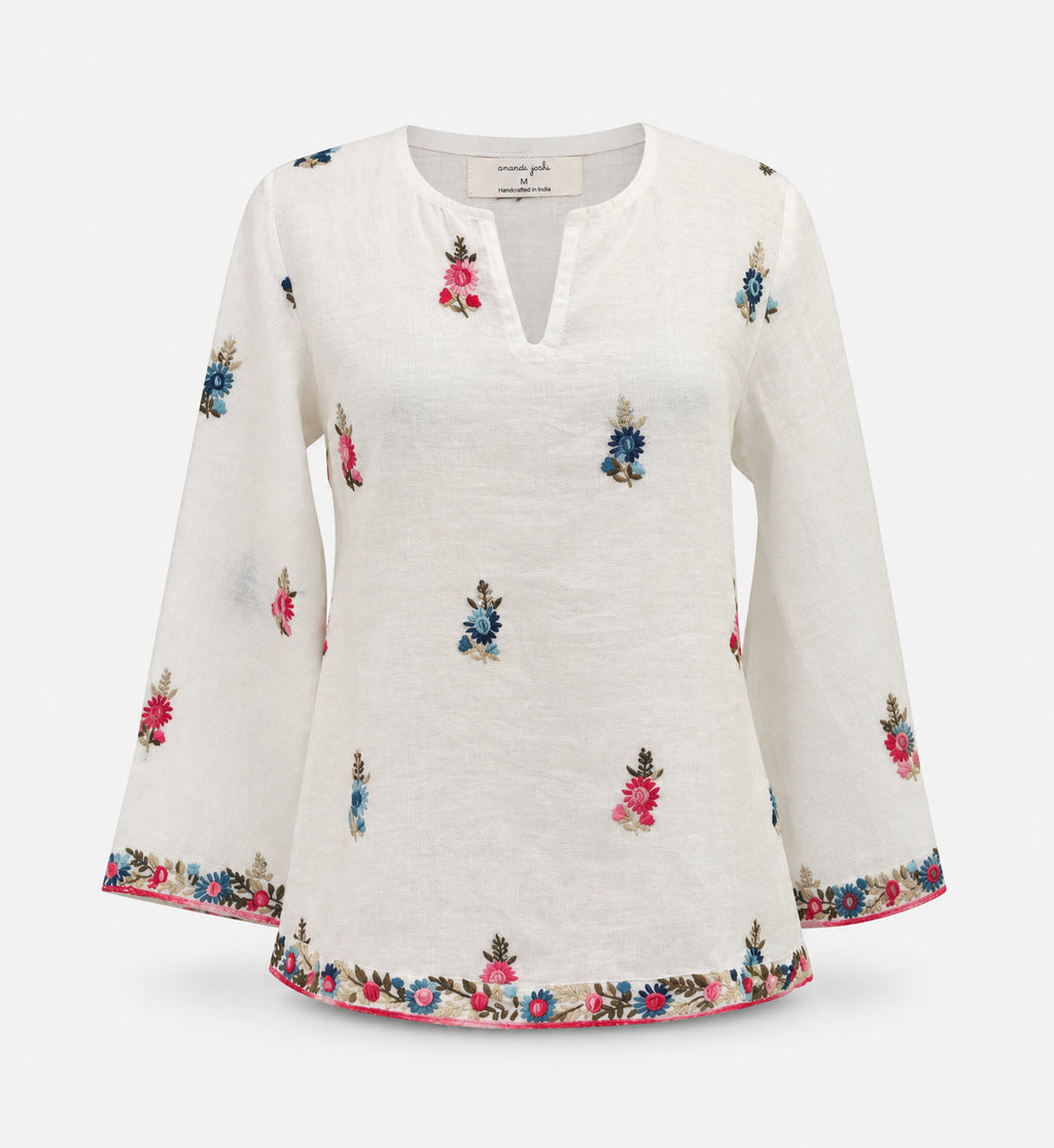 Calypso St Barth Sara Linen Hand Embroidered Top