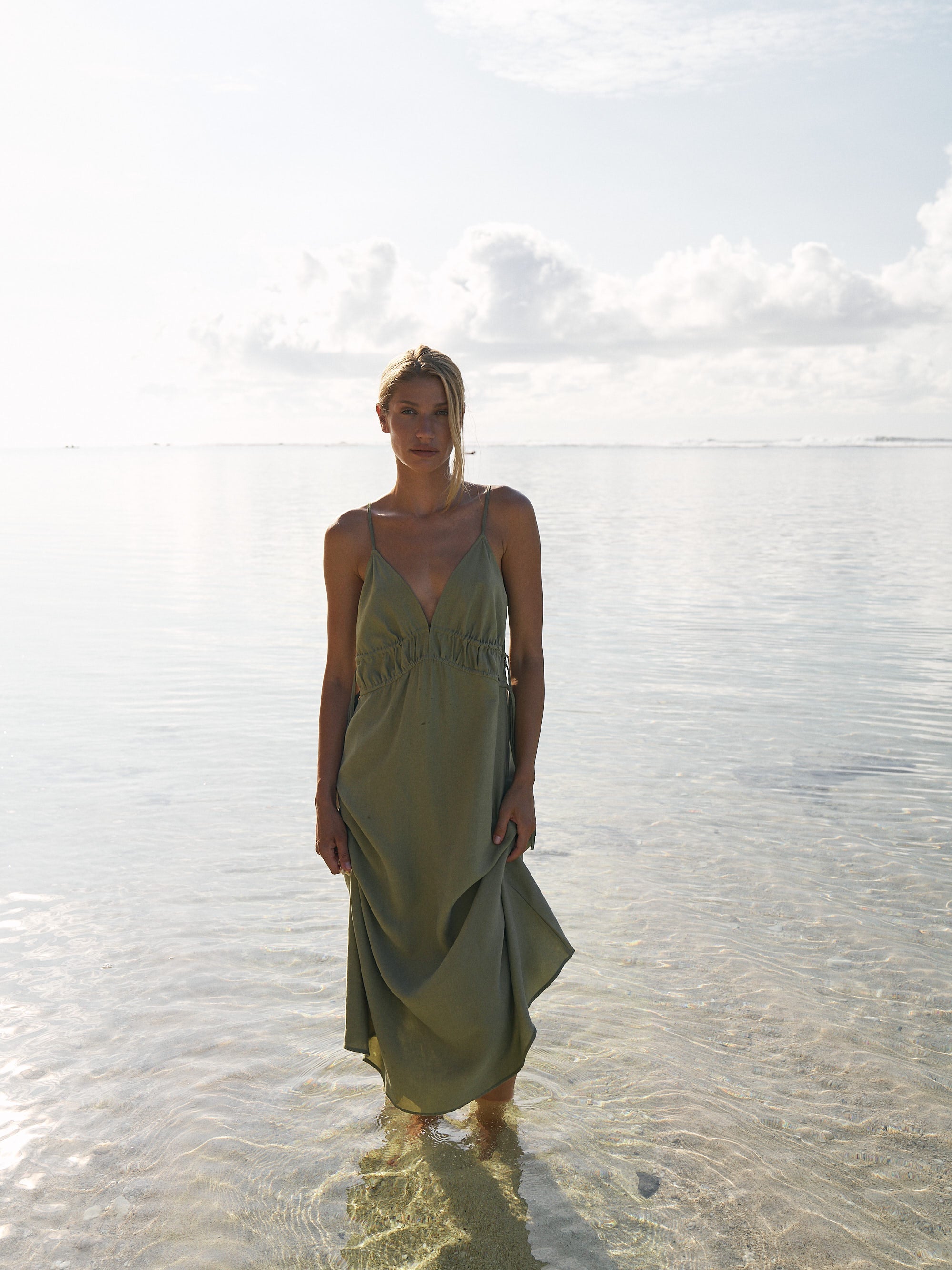 The Handloom Sofia Ties Maxi Dress Khaki Green