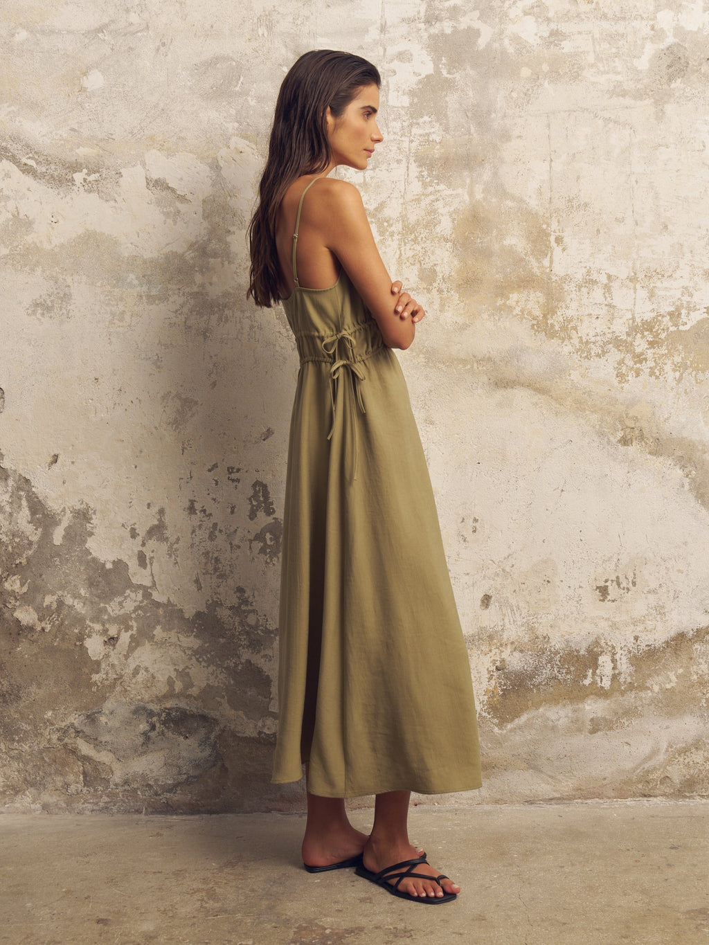 The Handloom Sofia Ties Maxi Dress Khaki Green