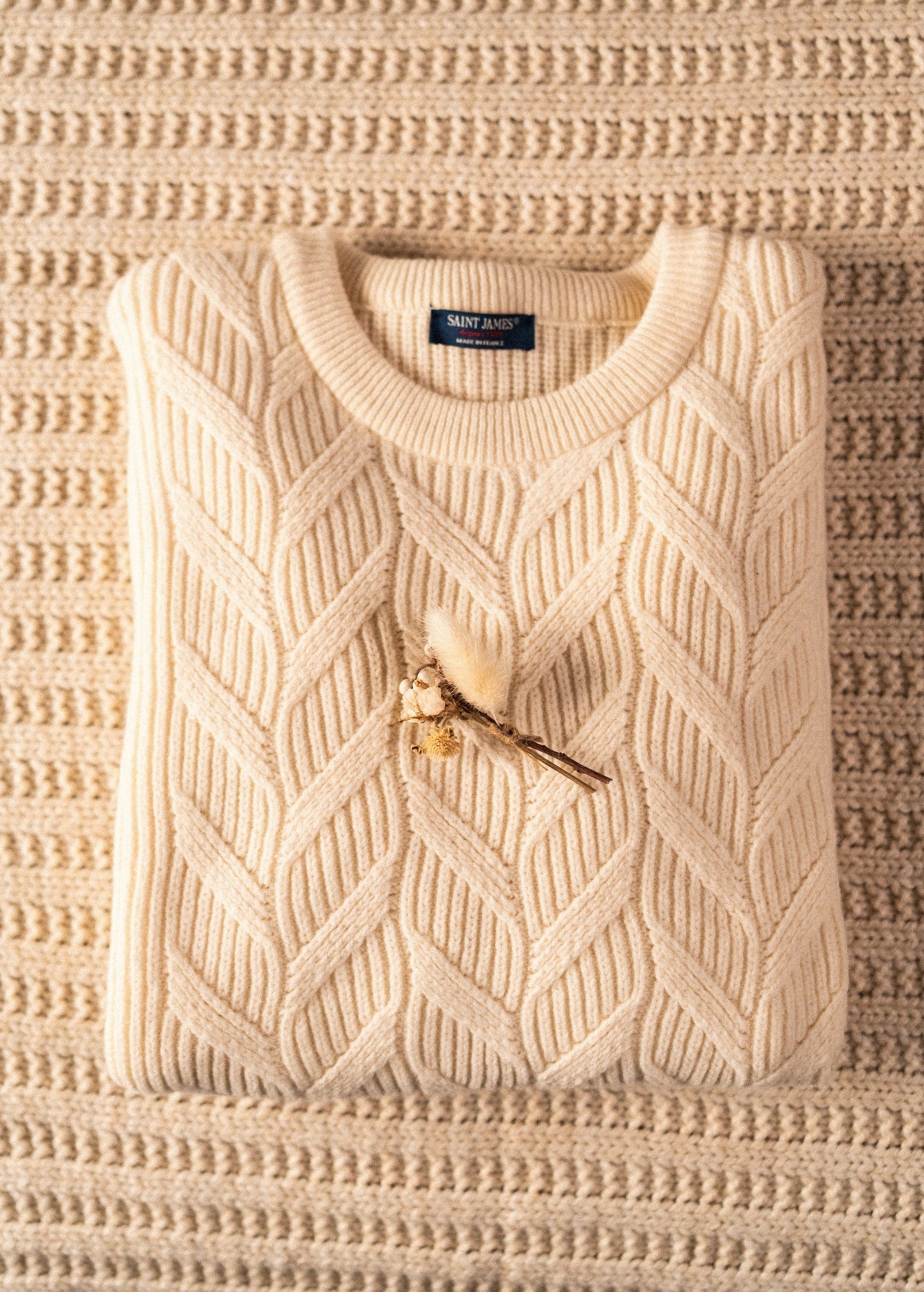 Saint James TIGNES - Textured Cable Knit Sweater | 100% Wool (WINTER WHITE)