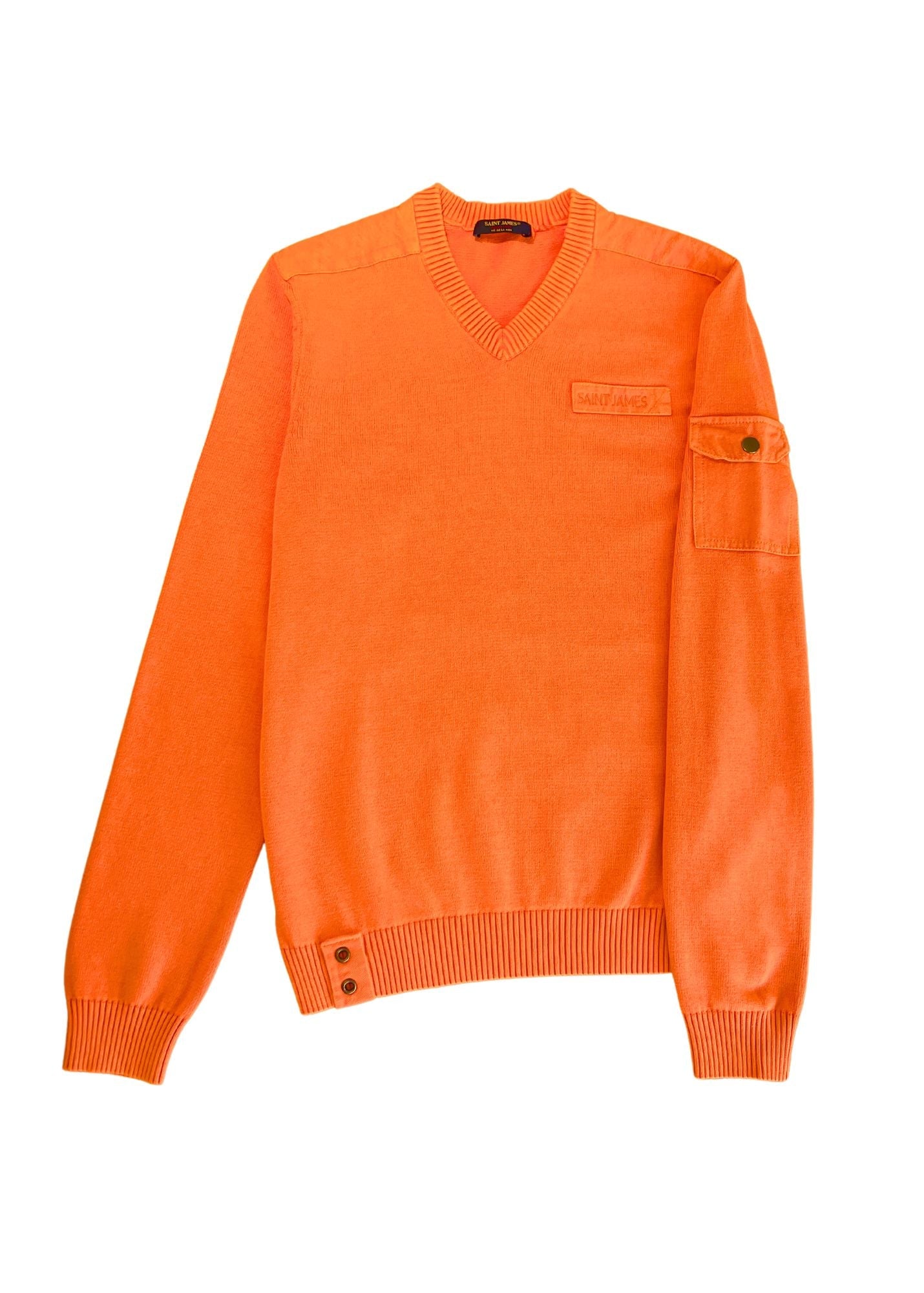 Saint James Tenerife V Neck Cotton Sweater With Canvas Patches Neon Orange