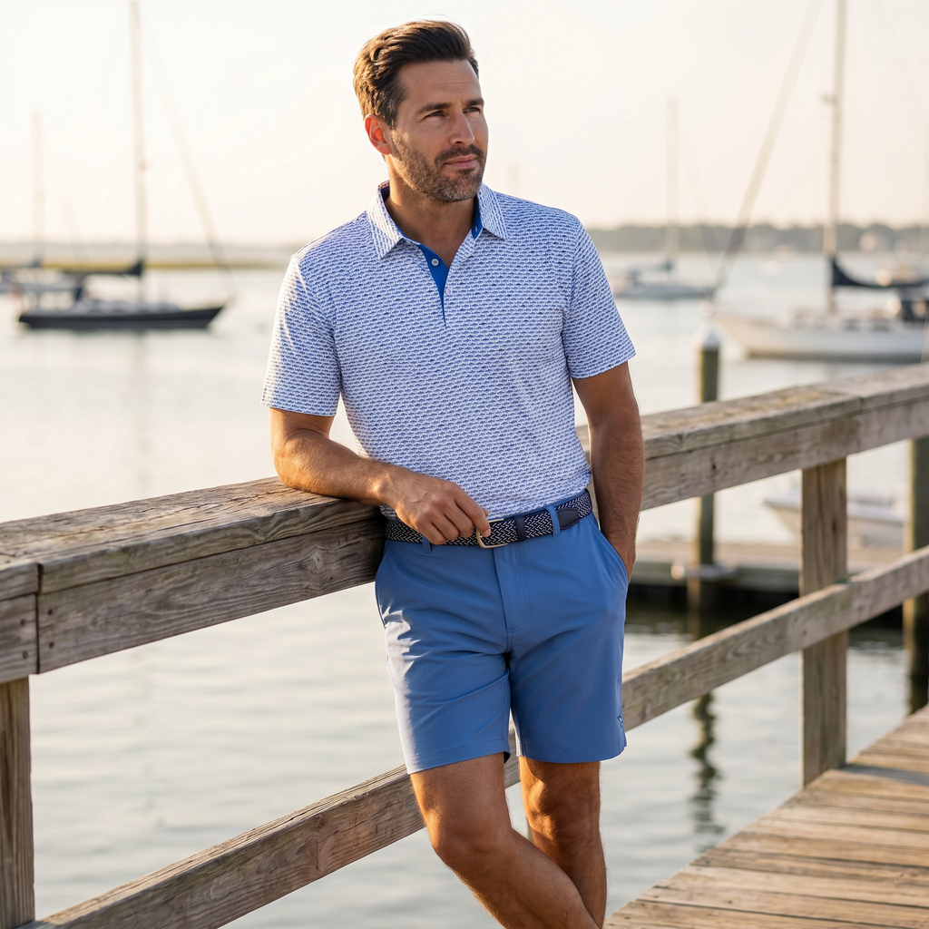 Line in the Sand Tuna Performance Polo Light Blue Navy