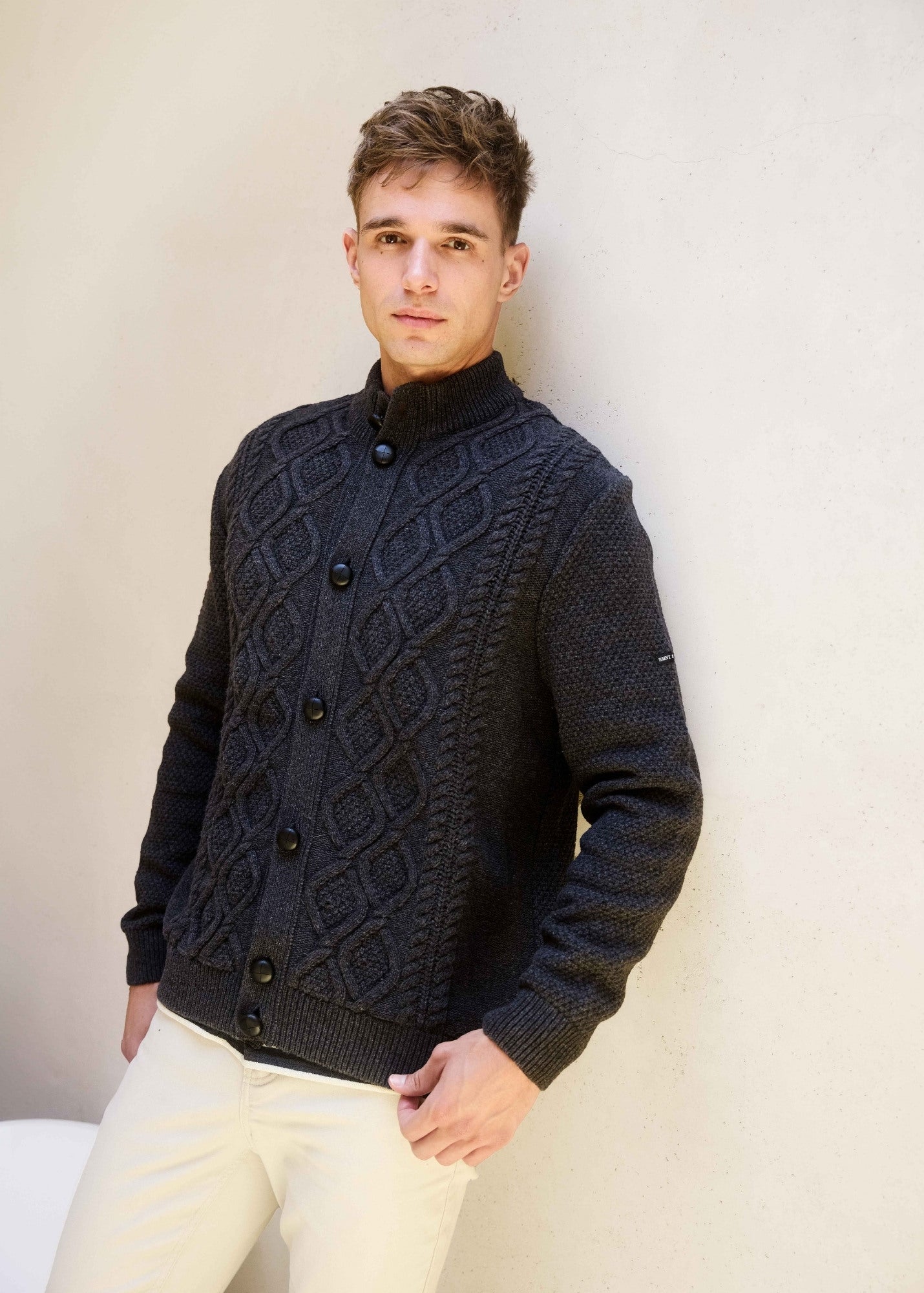 Saint James USTER - Diamond Cable Knit Wool Cardigan with Leather Buttons | 100% Wool (CHARCOAL)