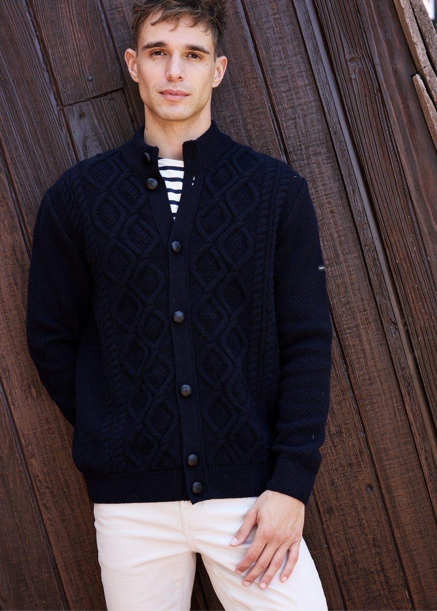 Saint James USTER - Diamond Cable Knit Wool Cardigan with Leather Buttons | 100% Wool (NAVY)