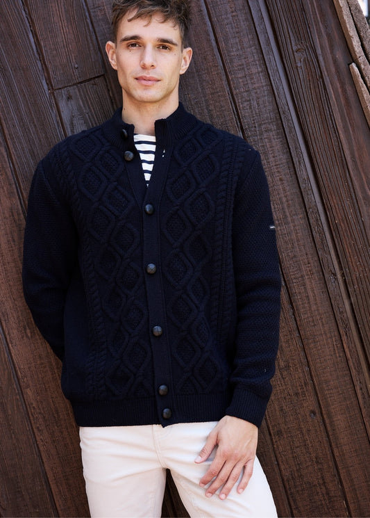 USTER - Diamond Cable Knit Wool Cardigan with Leather Buttons | 100% Wool (NAVY)
