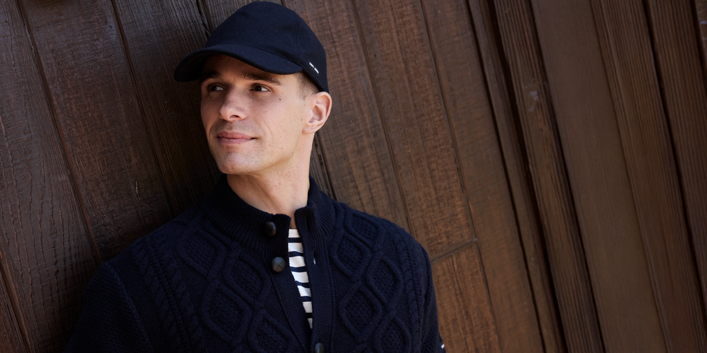 Saint James USTER - Diamond Cable Knit Wool Cardigan with Leather Buttons | 100% Wool (NAVY)