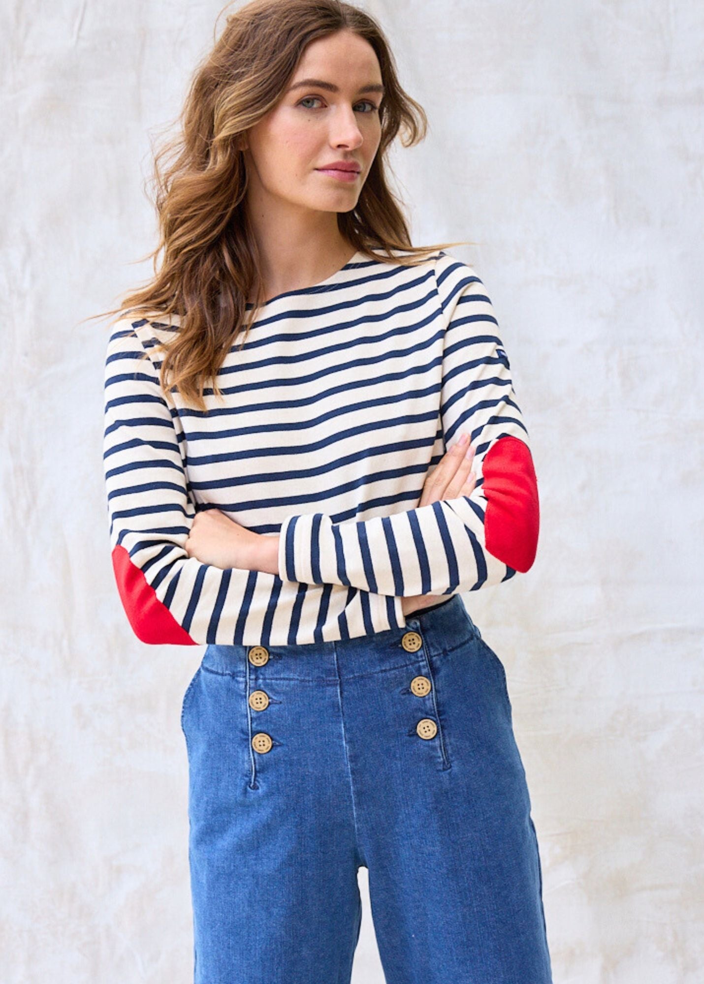 Saint James VAUJANY - Striped Shirt with Heart Elbow Patches (ECRU / NAVY)