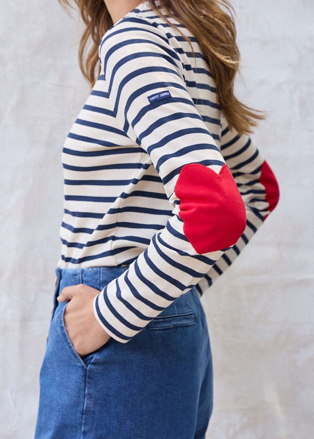 Saint James VAUJANY - Striped Shirt with Heart Elbow Patches (ECRU / NAVY)