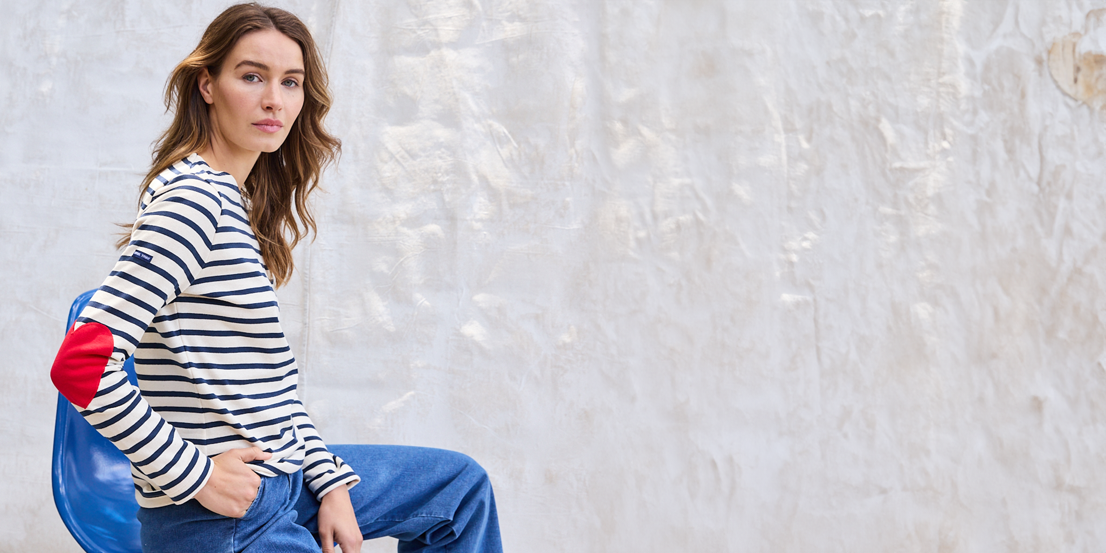 Saint James VAUJANY - Striped Shirt with Heart Elbow Patches (ECRU / NAVY)