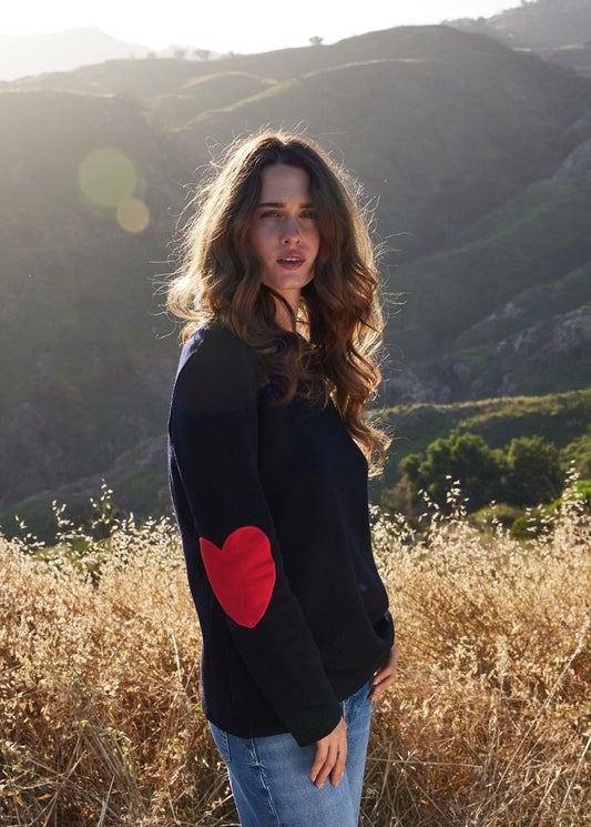 VAUJANY GEMINI - Double-Faced Wool Sweater with Heart Elbow Patches (NAVY / RED / RED)