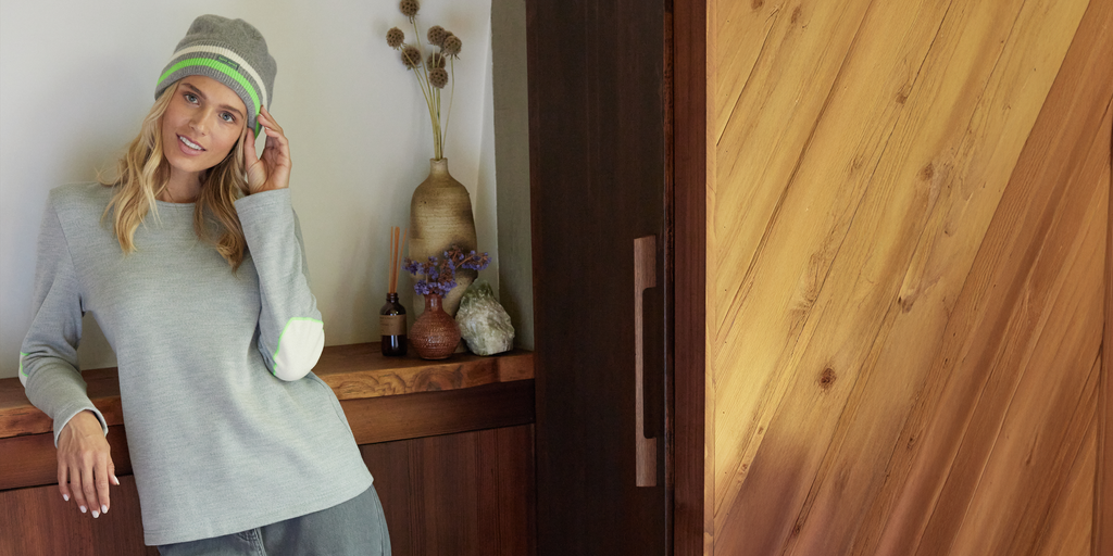 Saint James VAUJANY GEMINI - Double-Faced Wool Sweater with Heart Elbow Patches (GRAY / ECRU / NEON GREEN)