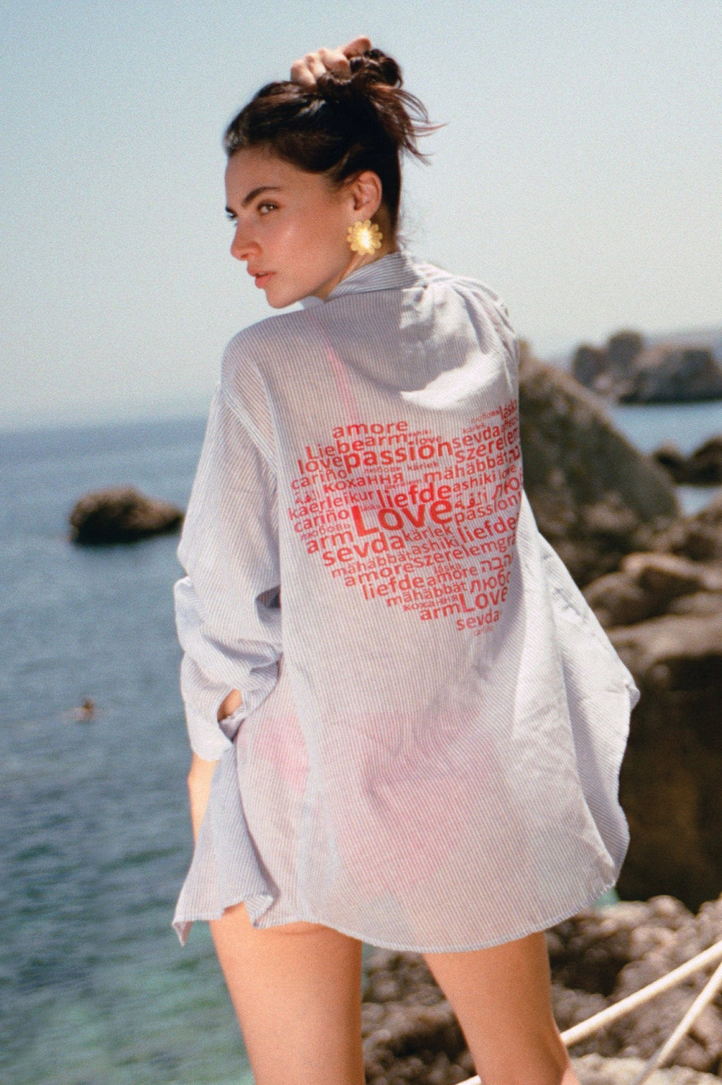 Tropical Button Down Blue White Heart