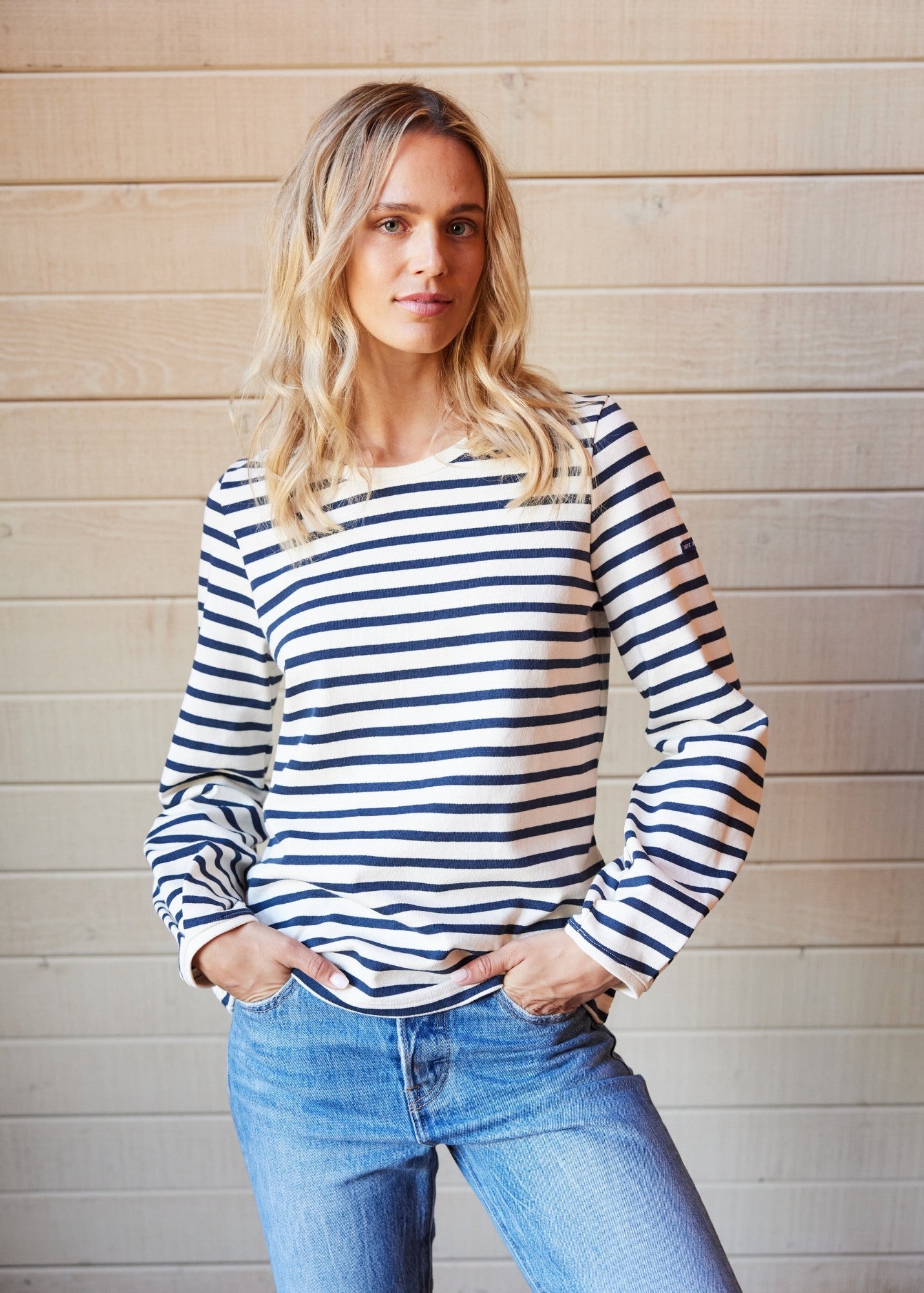 Saint James YVOIRE - Balloon Sleeve Striped Top in Textured Cotton (ECRU / NAVY)