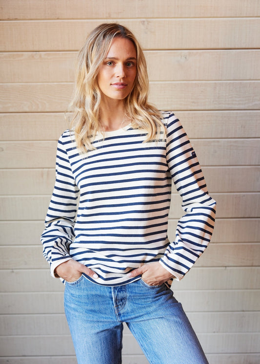 YVOIRE - Balloon Sleeve Striped Top in Textured Cotton (ECRU / NAVY)