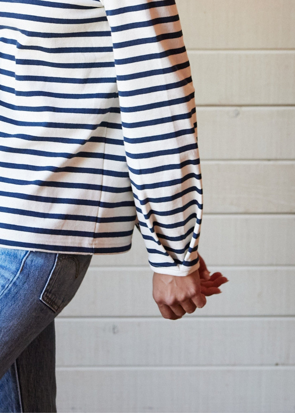 Saint James YVOIRE - Balloon Sleeve Striped Top in Textured Cotton (ECRU / NAVY)