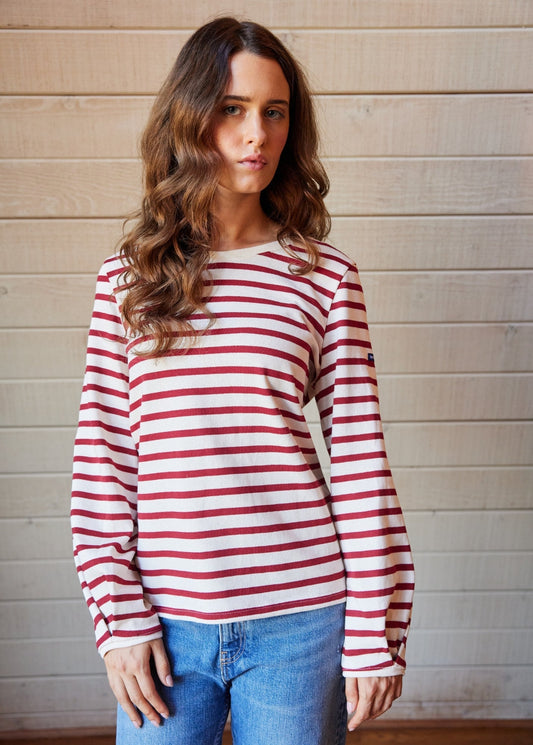 YVOIRE - Balloon Sleeve Striped Top in Textured Cotton (ECRU / MAROON)