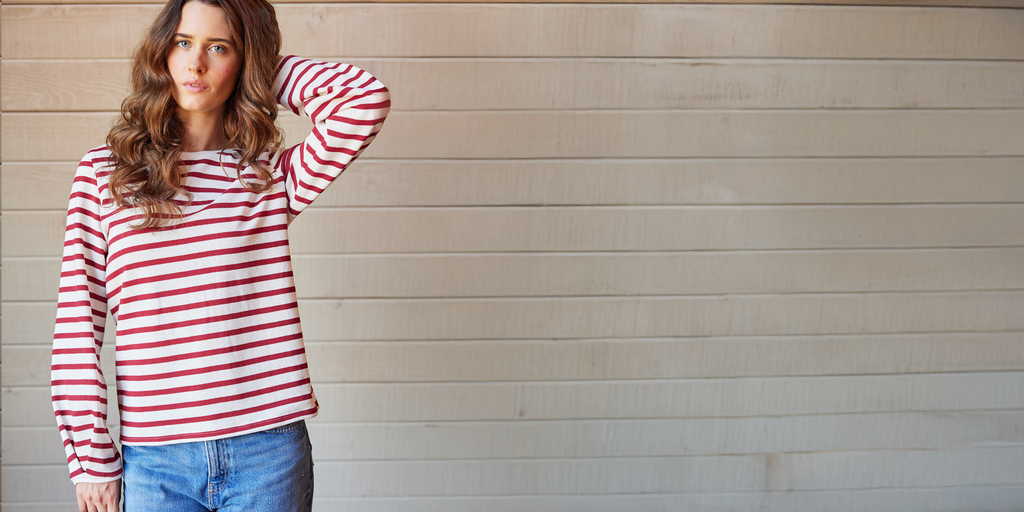 Saint James YVOIRE - Balloon Sleeve Striped Top in Textured Cotton (ECRU / MAROON)