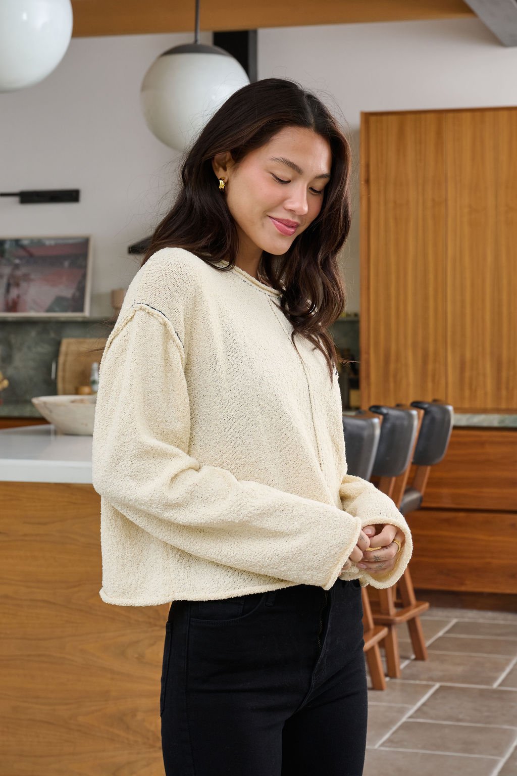 Beige Contrast Stitch Detail Sweater - FINAL SALE