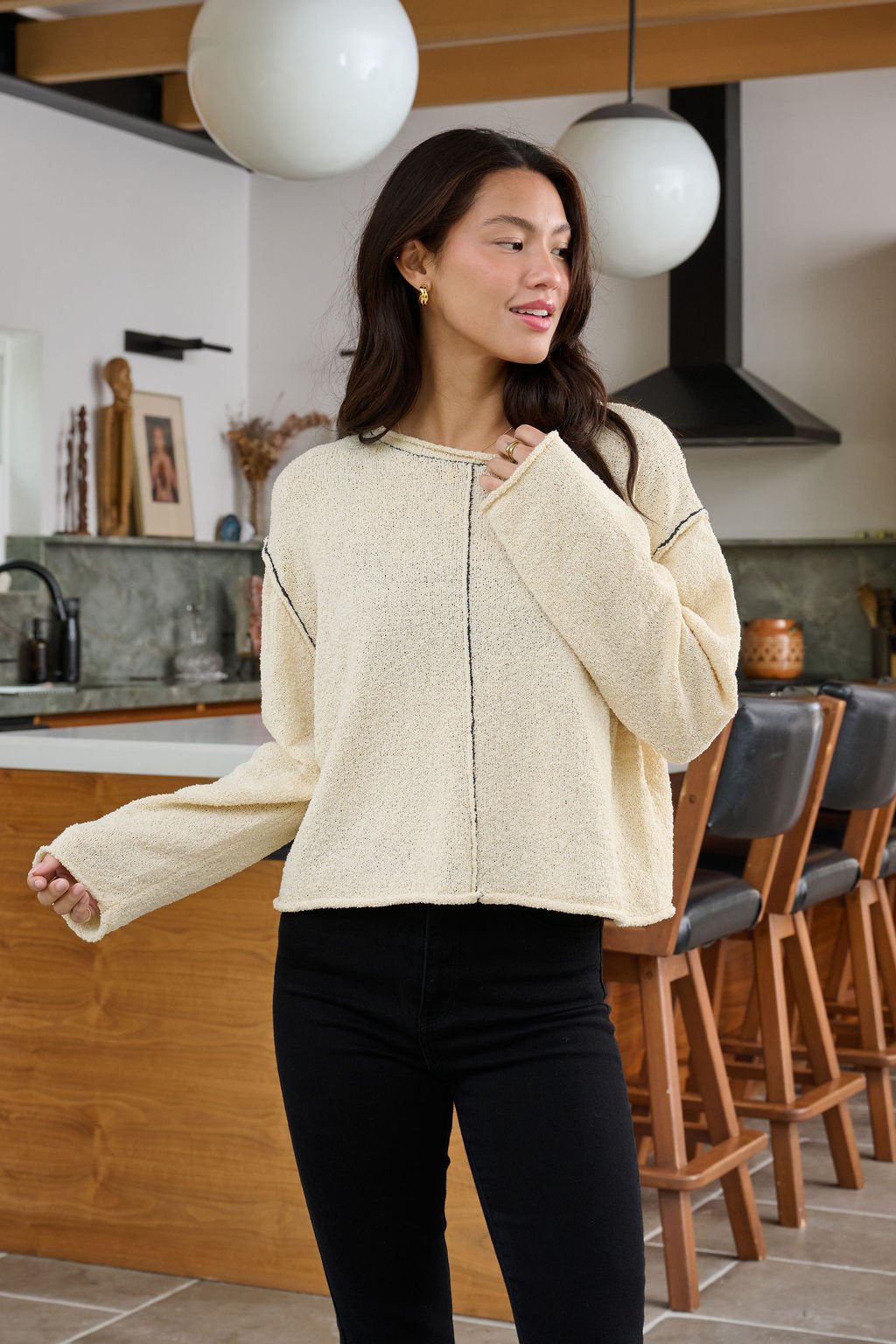 Beige Contrast Stitch Detail Sweater - FINAL SALE