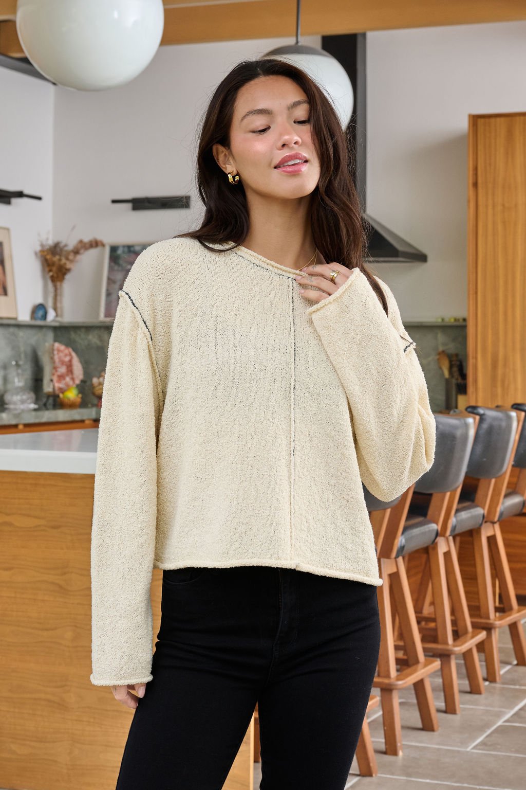 Beige Contrast Stitch Detail Sweater - FINAL SALE