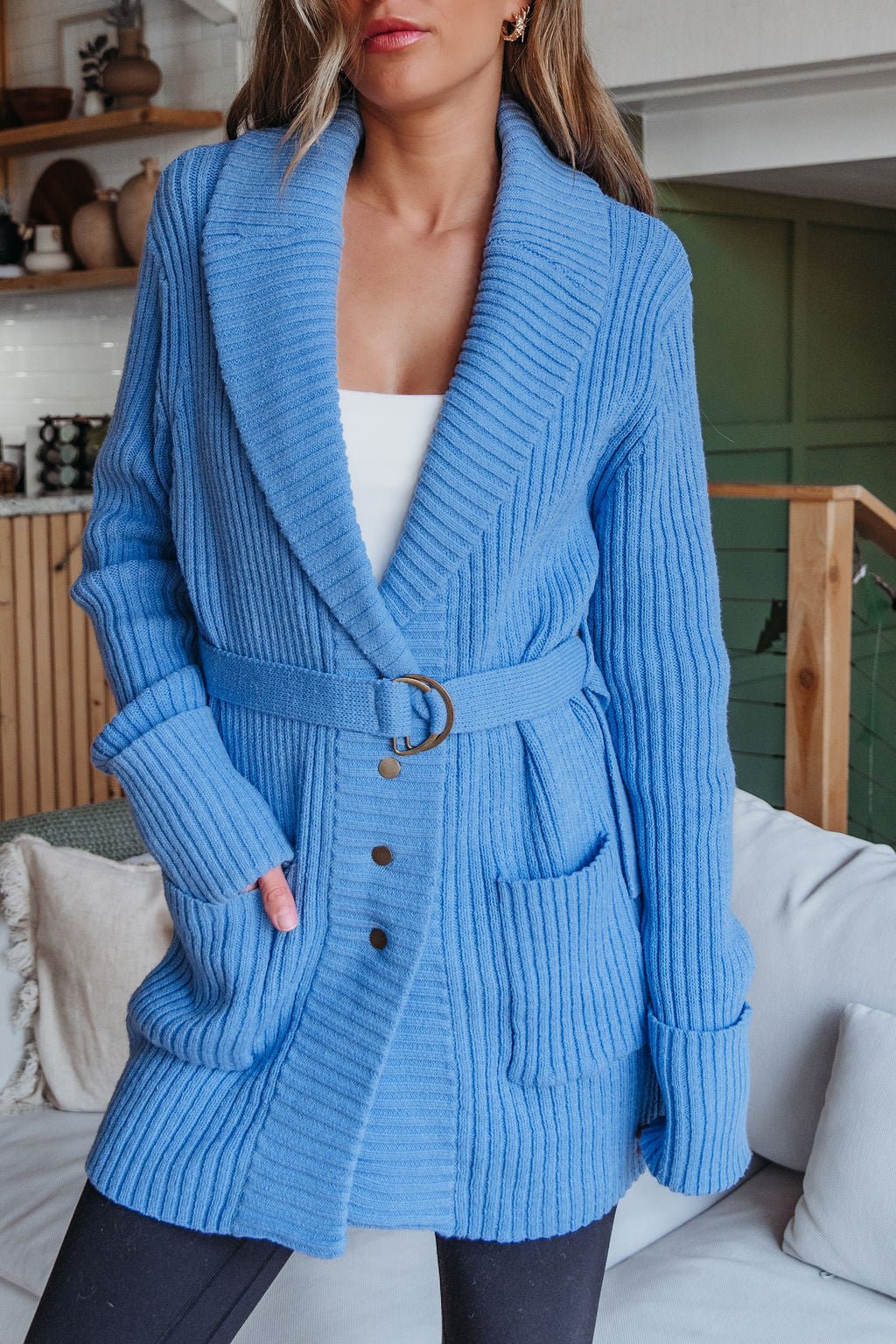 Blue Button Down Belted Cardigan - FINAL SALE