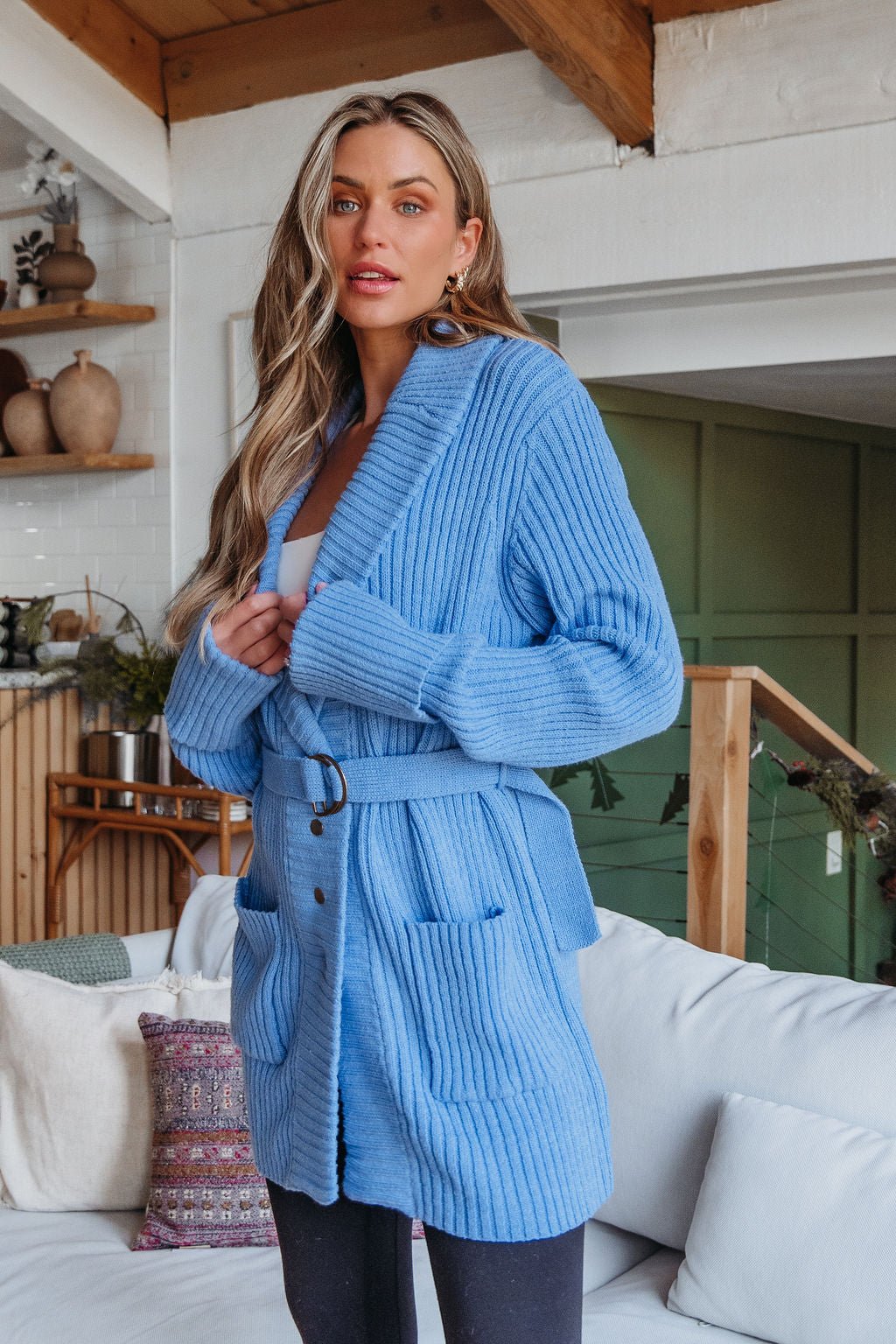 Blue Button Down Belted Cardigan - FINAL SALE