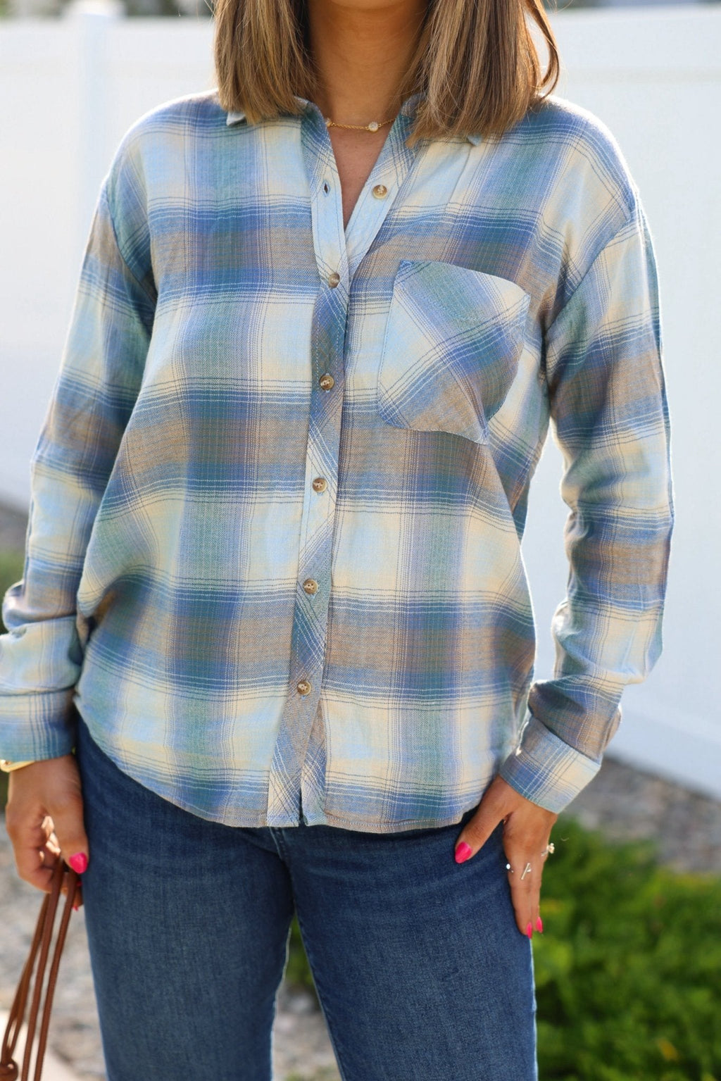 Blue Plaid Button Down Flannel Shirt - FINAL SALE