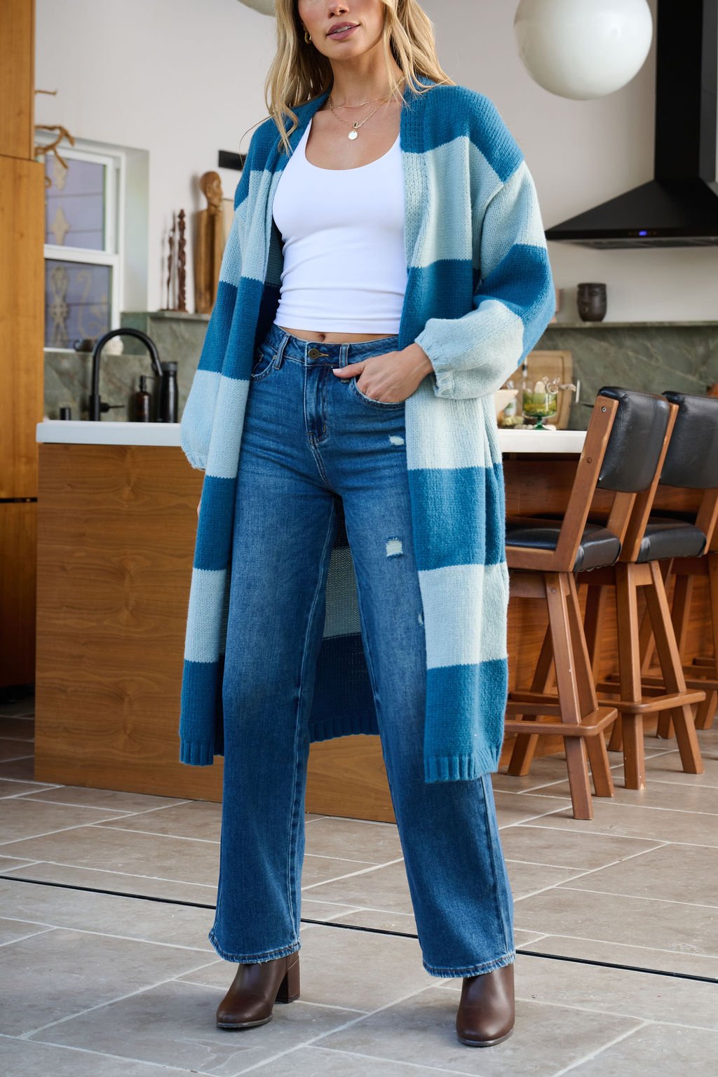 Blue Striped Open Front Duster Cardigan - FINAL SALE