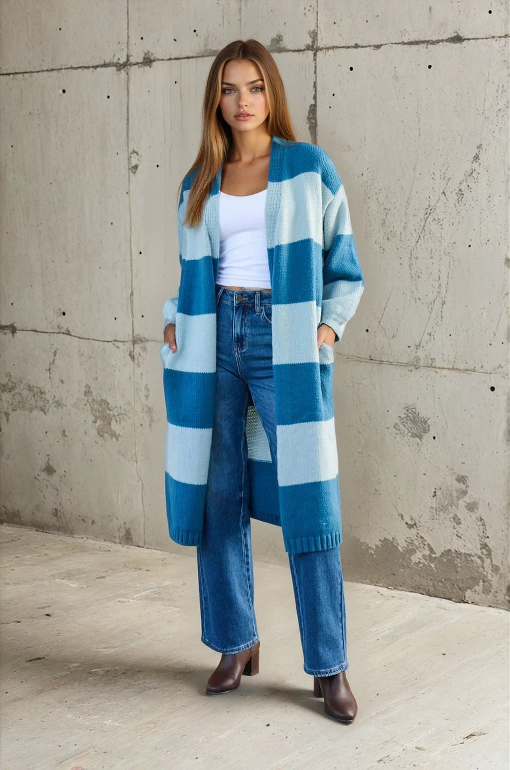 Blue Striped Open Front Duster Cardigan - FINAL SALE