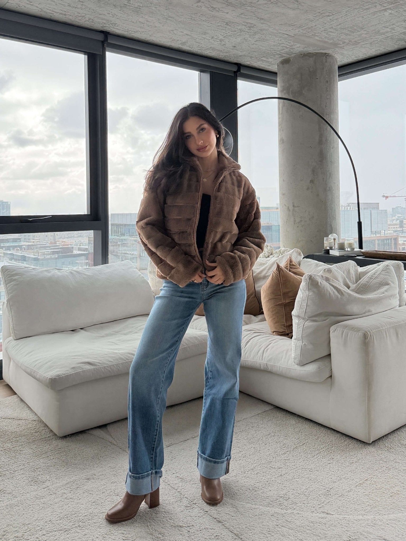 Brown Faux Fur Zip Collared Jacket - FINAL SALE