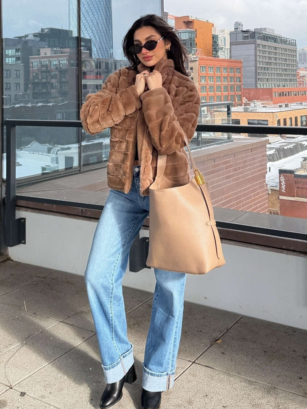Brown Faux Fur Zip Collared Jacket - FINAL SALE