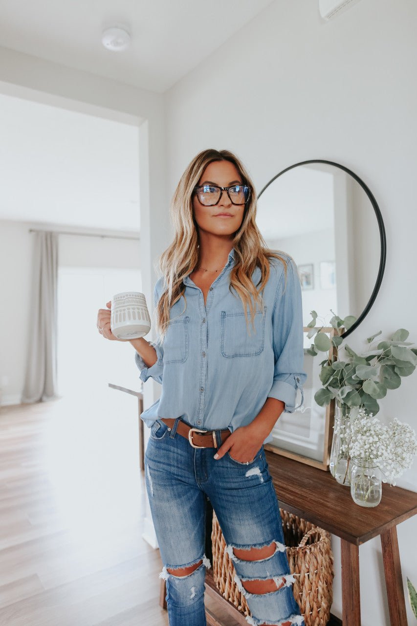 Button Down Light Wash Chambray Top