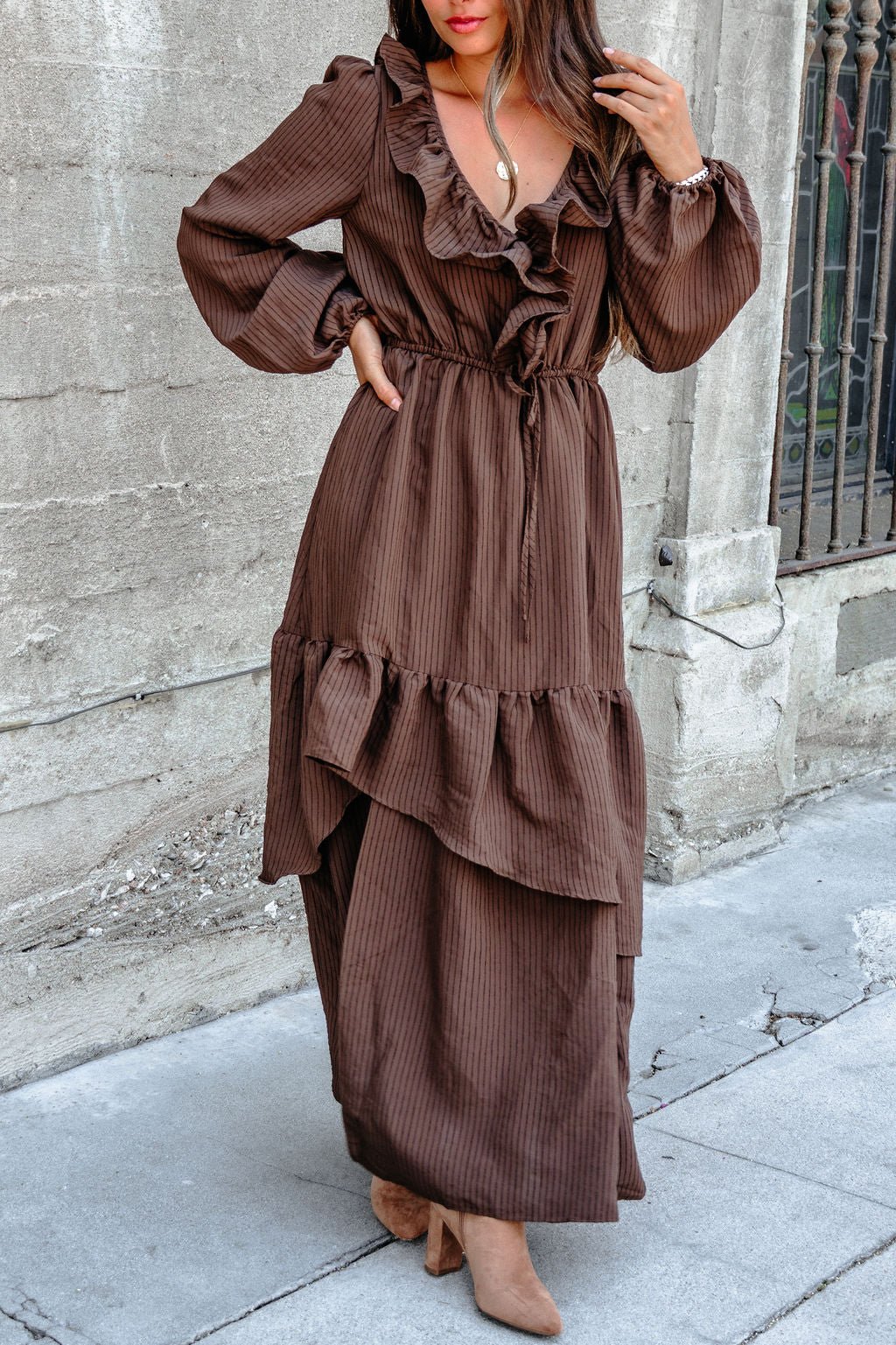 Dark Brown Striped Ruffle Tiered Maxi Dress - FINAL SALE