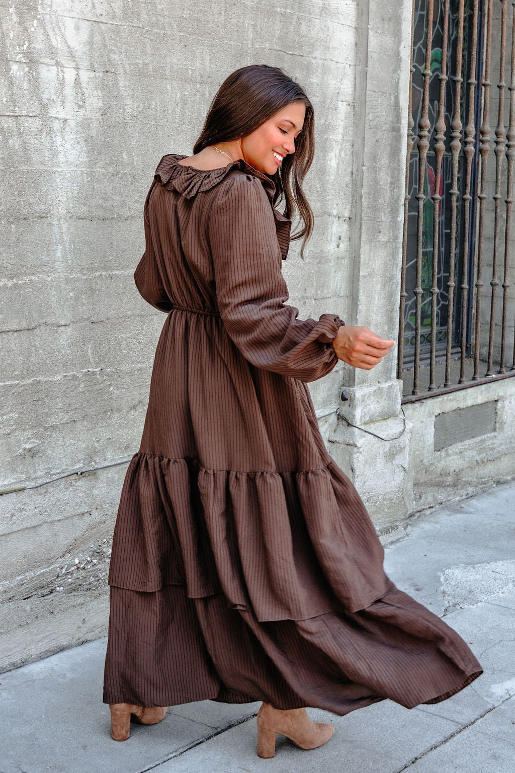 Dark Brown Striped Ruffle Tiered Maxi Dress - FINAL SALE