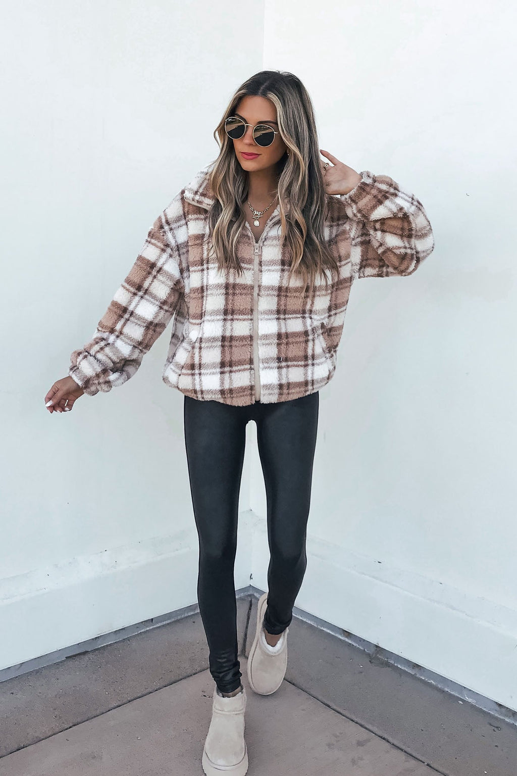 Fuzzy Brown Plaid Zip Up Jacket-FINAL SALE