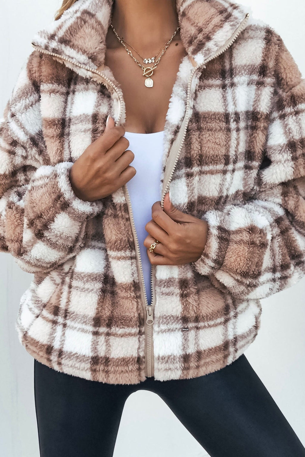 Fuzzy Brown Plaid Zip Up Jacket-FINAL SALE