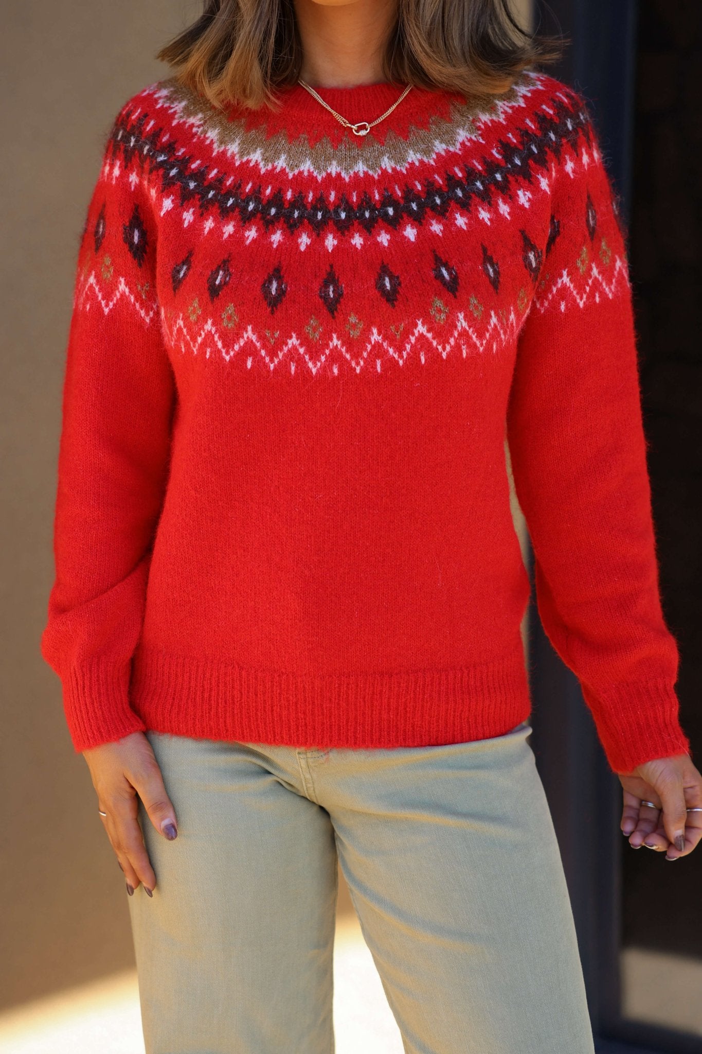 Fuzzy Red Fair Isle Crew Neck Sweater - FINAL SALE